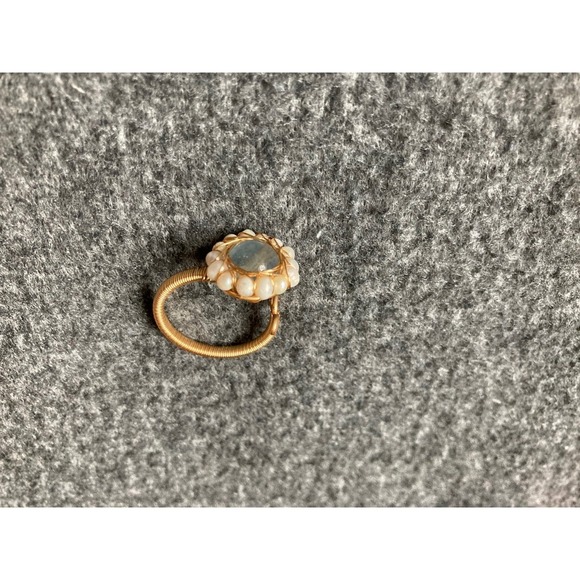 Romantic Aquamarine Pearl Lace Gold-Tone Wire Wrapped Adjustable Open Ring New - Picture 3 of 7